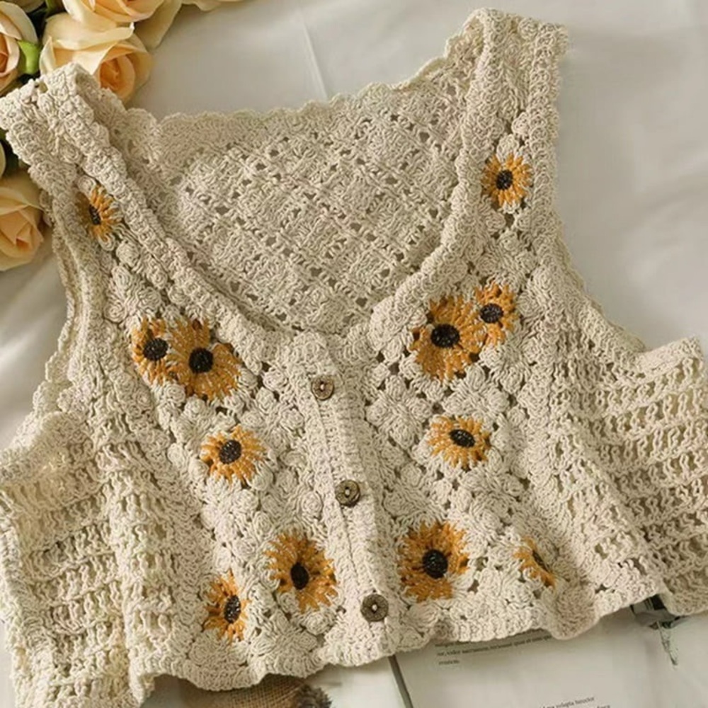 Sunflower Crochet Knit Vest Retro Boho Festival Crop Top Size Small - Picture 3 of 12